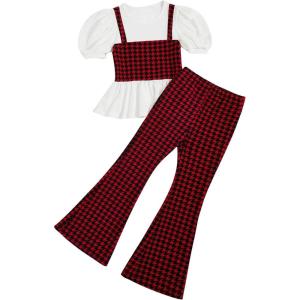 imageMilumia Girls Two Piece Outfits Houndstooth Puff Sleeve Tee and Flare Pants SetMulti Black and Red