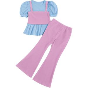 imageMilumia Girls Two Piece Outfits Houndstooth Puff Sleeve Tee and Flare Pants SetMulti Blue Pink
