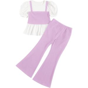 imageMilumia Girls Two Piece Outfits Houndstooth Puff Sleeve Tee and Flare Pants SetSolid Purple Print