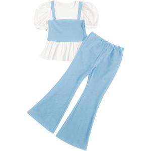 imageMilumia Girls Two Piece Outfits Houndstooth Puff Sleeve Tee and Flare Pants SetWhite and Light Blue