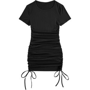 imageMilumia Womens Casual Rib Knit Short Sleeve Drawstring Ruched Bodycon Mini T Shirt DressBlack