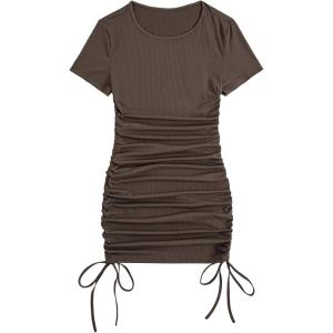 imageMilumia Womens Casual Rib Knit Short Sleeve Drawstring Ruched Bodycon Mini T Shirt DressBrown