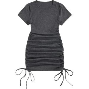 imageMilumia Womens Casual Rib Knit Short Sleeve Drawstring Ruched Bodycon Mini T Shirt DressDark Grey