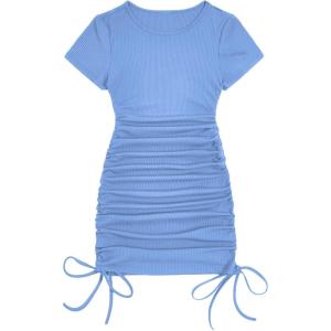 imageMilumia Womens Casual Rib Knit Short Sleeve Drawstring Ruched Bodycon Mini T Shirt DressLight Blue