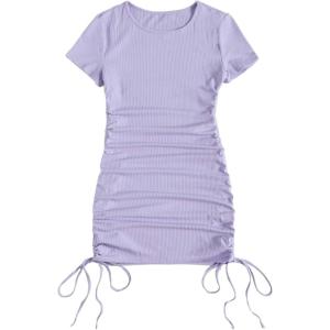 imageMilumia Womens Casual Rib Knit Short Sleeve Drawstring Ruched Bodycon Mini T Shirt DressLilac Purple Solid