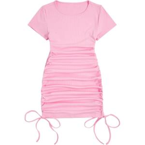 imageMilumia Womens Casual Rib Knit Short Sleeve Drawstring Ruched Bodycon Mini T Shirt DressPink
