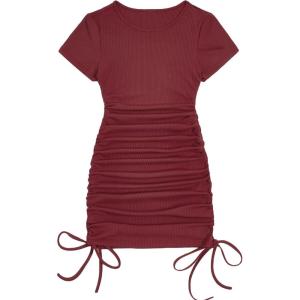 imageMilumia Womens Casual Rib Knit Short Sleeve Drawstring Ruched Bodycon Mini T Shirt DressRed