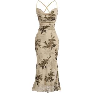 imageMilumia Womens Floral Cowl Neck Bodycon Maxi Dress Mesh Long Dresses Cocktail PartyBeige