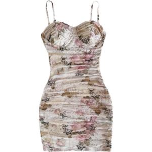 imageMilumia Womens Floral Print Mesh Cami Mini Dress Ruched Sleeveless Bodycon Summer Short DressesBrown