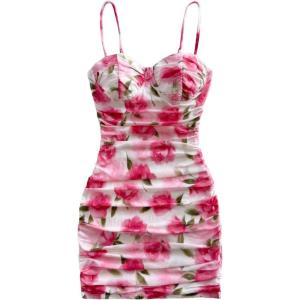 imageMilumia Womens Floral Print Mesh Cami Mini Dress Ruched Sleeveless Bodycon Summer Short DressesPink