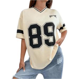 imageMilumia Womens Letter Graphic Jersey Shirts Oversized V Neck Half Sleeve Tshirt Tops StreetwearApricot