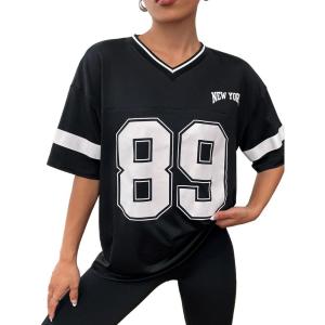 imageMilumia Womens Letter Graphic Jersey Shirts Oversized V Neck Half Sleeve Tshirt Tops StreetwearBlack