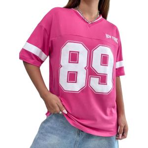 imageMilumia Womens Letter Graphic Jersey Shirts Oversized V Neck Half Sleeve Tshirt Tops StreetwearHot Pink