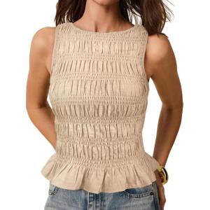 imageMilumia Womens Sleeveless Crewneck Frill Smocked Ruffle Crop Top Shirred Tank Top ShirtApricot