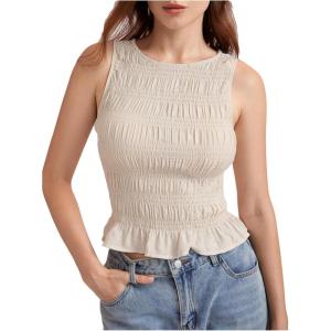 imageMilumia Womens Sleeveless Crewneck Frill Smocked Ruffle Crop Top Shirred Tank Top ShirtBeige Solid