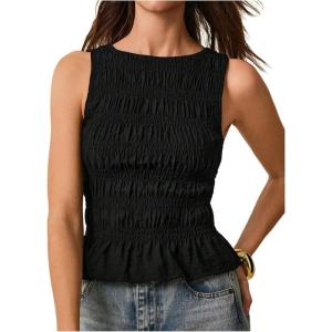 imageMilumia Womens Sleeveless Crewneck Frill Smocked Ruffle Crop Top Shirred Tank Top ShirtBlack