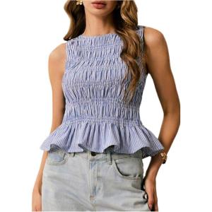 imageMilumia Womens Sleeveless Crewneck Frill Smocked Ruffle Crop Top Shirred Tank Top ShirtBlue and White