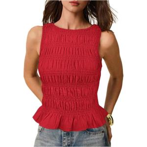 imageMilumia Womens Sleeveless Crewneck Frill Smocked Ruffle Crop Top Shirred Tank Top ShirtRed