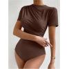 imageMilumia Womens Casual Ruched Mock Neck T Shirt Short Sleeve Tee Bodysuit JumpsuitChocolate Brown