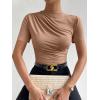 imageMilumia Womens Casual Ruched Mock Neck T Shirt Short Sleeve Tee Bodysuit JumpsuitSolid Brown