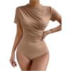 imageMilumia Womens Casual Ruched Mock Neck T Shirt Short Sleeve Tee Bodysuit JumpsuitSolid Brown