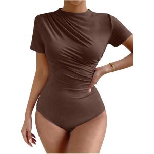imageMilumia Womens Casual Ruched Mock Neck T Shirt Short Sleeve Tee Bodysuit JumpsuitChocolate Brown