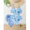imageMilumia Girls Floral Print Cut Out Spaghetti Strap One Piece Swimsuit with Beach SkirtBlue and White
