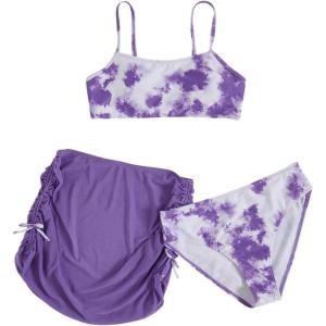 imageMilumia Girls 3 Piece Tie Dye Bikini Set Swimsuit with Drawstring Beach Skirt SwimwearTie Dye Purple