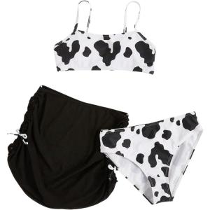 imageMilumia Girls 3 Piece Tie Dye Bikini Set Swimsuit with Drawstring Beach Skirt SwimwearWhite and Black