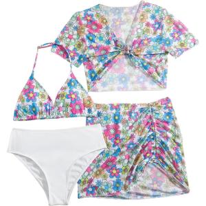 imageMilumia Girls 4 Piece Swimsuit Tropical Print Spaghetti Strap Bikini Sets with Coverups Multi Floral 89 Years