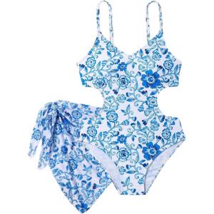 imageMilumia Girls Floral Print Cut Out Spaghetti Strap One Piece Swimsuit with Beach SkirtBlue and White