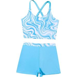 imageMilumia Girls Two Piece Tankini Set Boho Marble Print Tankini Top and Shorts SwimsuitBlue