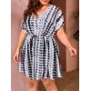 imageMilumia Womens Plus Size Swim Coverup Tie Dye Drawstring Bikini Cover Ups BeachwearBlack and White