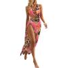 imageMilumia Womens 3 Piece Floral Bikini Sets Tie Backless Halter Swimsuit with Draped Beach DressBrown