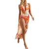 imageMilumia Womens 3 Piece Floral Bikini Sets Tie Backless Halter Swimsuit with Draped Beach DressCoral Orange