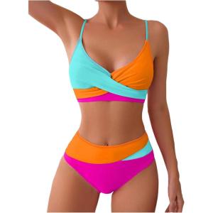 imageMilumia Womens 2 Piece High Waist Swimsuits Colorblock Wrap Bikini Sets SwimwearMulticolor