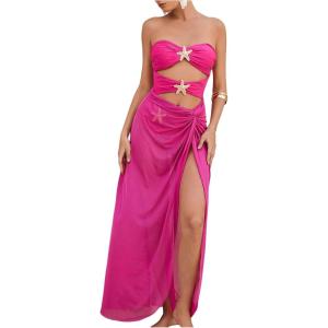 imageMilumia Womens 2 Piece Swimwear Cut Out Strapless Swimsuit with Cover Up SkirtHot Pink