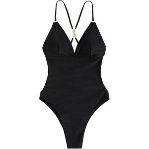 imageMilumia Womens One Piece Criss Cross V Neck Backless Swimwear SwimsuitsBlack