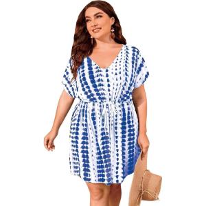 imageMilumia Womens Plus Size Swim Coverup Tie Dye Drawstring Bikini Cover Ups BeachwearBlue and White