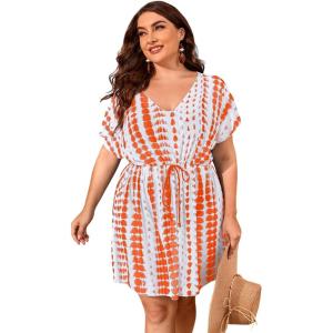 imageMilumia Womens Plus Size Swim Coverup Tie Dye Drawstring Bikini Cover Ups BeachwearOrange