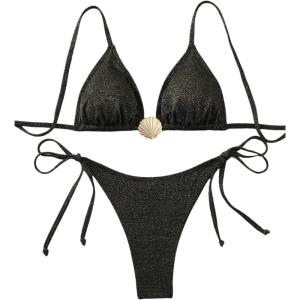 imageMilumia Womens Shiny Bikini Sets Shell Decor Halter Bikini Swimsuit Two Piece Bathing SuitsBlack