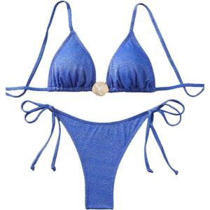 imageMilumia Womens Shiny Bikini Sets Shell Decor Halter Bikini Swimsuit Two Piece Bathing SuitsBlue