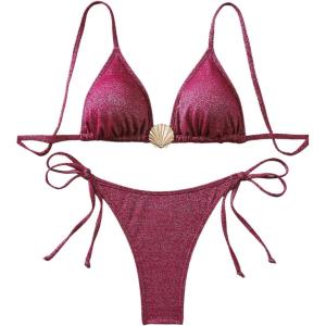imageMilumia Womens Shiny Bikini Sets Shell Decor Halter Bikini Swimsuit Two Piece Bathing SuitsPurple