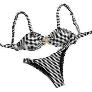 imageMilumia Womens Striped Bikini Set Two Piece Metal Colorblock Bathing Suit Thong SwimsuitsBlack and White
