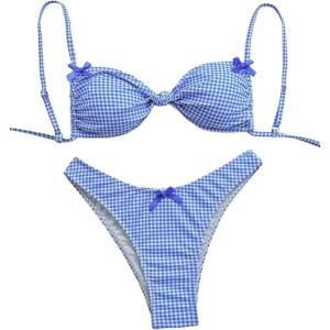 imageMilumia Womens Y2k Gingham Print Bikini Swimsuit 2 Piece Bow Decor Bathing SuitsBlue and White