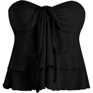 imageMilumia Women Tie Front Ruched Tube Tops Y2k Ruffle Going Out Halter TopsBlack