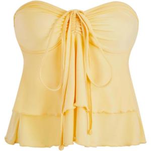 imageMilumia Women Tie Front Ruched Tube Tops Y2k Ruffle Going Out Halter TopsLight Yellow