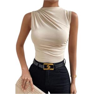 imageMilumia Womens Casual Ruched Mock Neck Tank Top Sleeveless Slim Fit Work Shirt TopsApricot