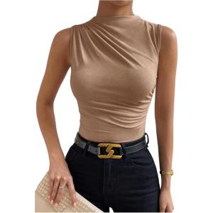 imageMilumia Womens Casual Ruched Mock Neck Tank Top Sleeveless Slim Fit Work Shirt TopsSolid Brown