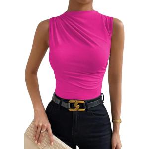 imageMilumia Womens Casual Ruched Mock Neck Tank Top Sleeveless Slim Fit Work Shirt TopsSolid Hot Pink